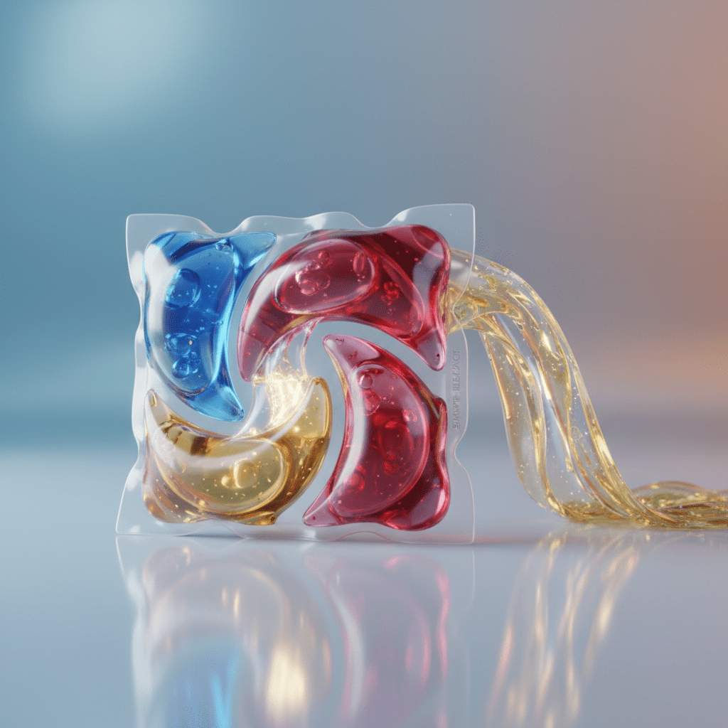 Futuristic multi-chamber laundry pod with vibrant swirling colors for colored clothes.