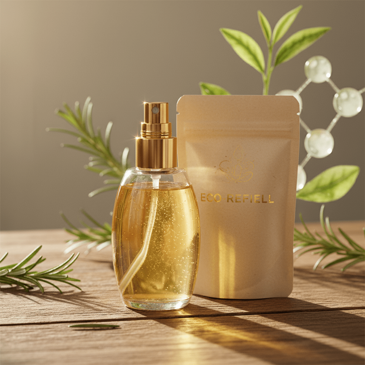 Eco-conscious hair oil in recycled glass on wood with botanical elements.