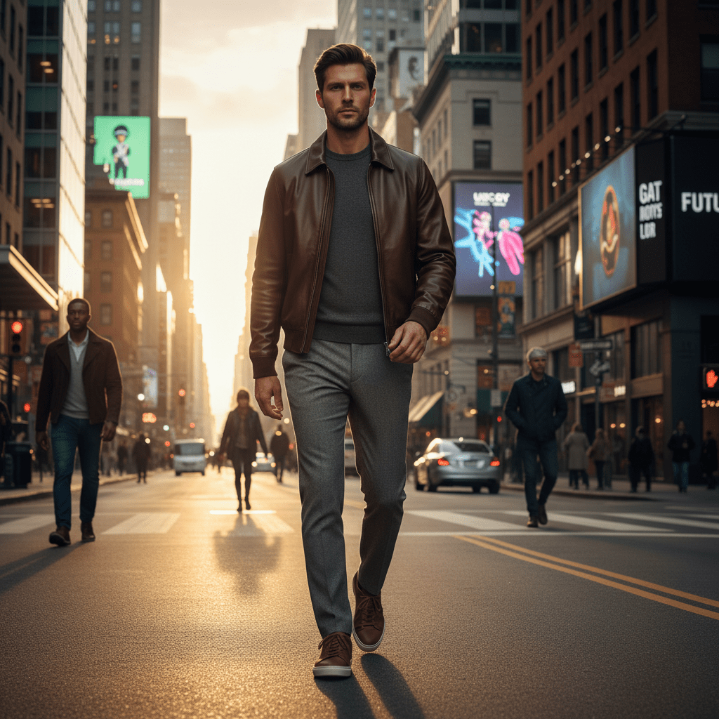 Man in espresso brown leather bomber jacket walks through sunlit city street.