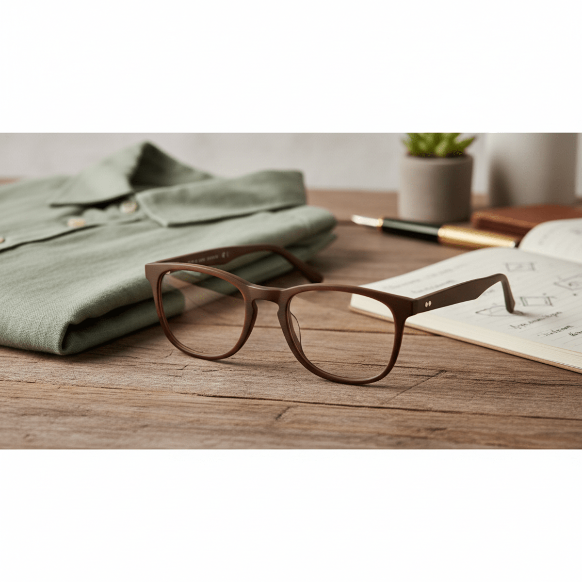 Close-up of bio-acetate glasses frames in earthy brown with a subtle matte texture.