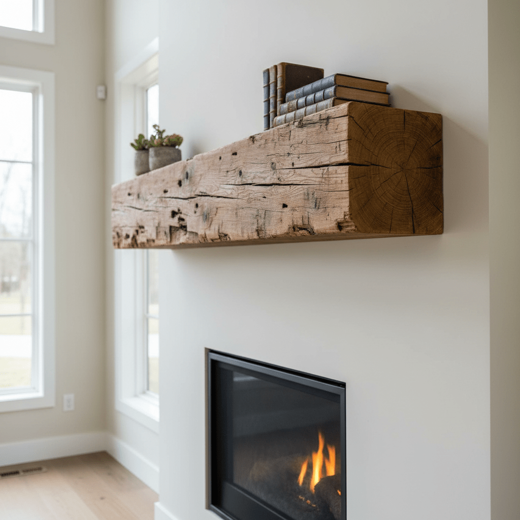 Rustic reclaimed wood mantelpiece with natural checking above a modern minimalist fireplace.
