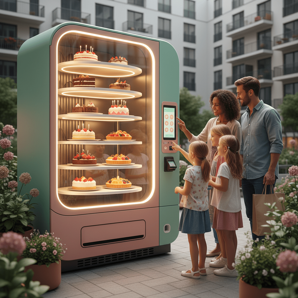 Pastel outdoor cake vending machine with illuminated shelves displaying delicious cakes.