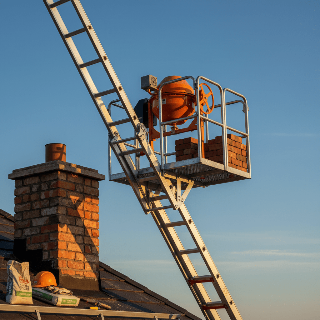 Modern ladder hoist lifts concrete mixer and bricks for rooftop chimney repair.