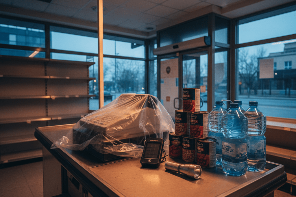 Checkout area with emergency supplies under soft ambient lighting, showcasing retailer readiness during crises