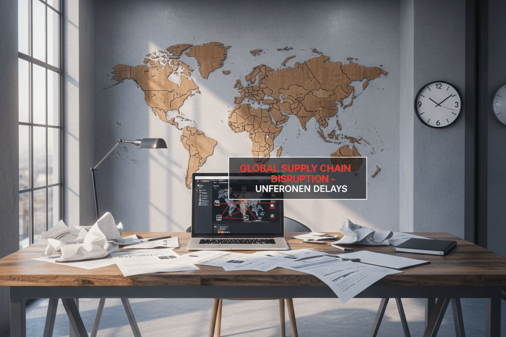 Desk with trade documents reflecting cross-border commerce struggles Office desk with scattered papers and laptop under natural light, symbolizing disrupted international trade amid diplomatic tensions