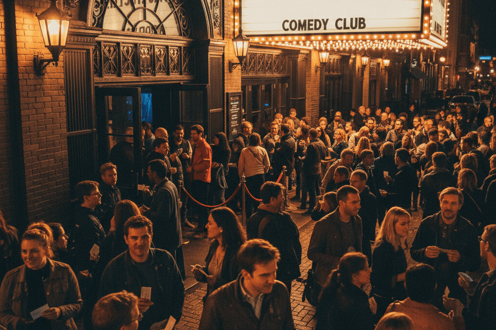 Wide shot of a lively comedy club entrance at night, bathed in warm ambient lighting, capturing the excitement of festival attendees