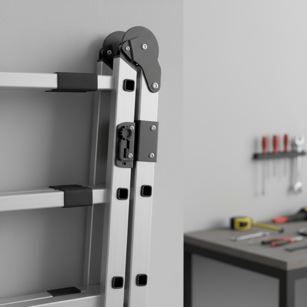 Compact anodized aluminum ladder resting against a minimalist workshop wall.