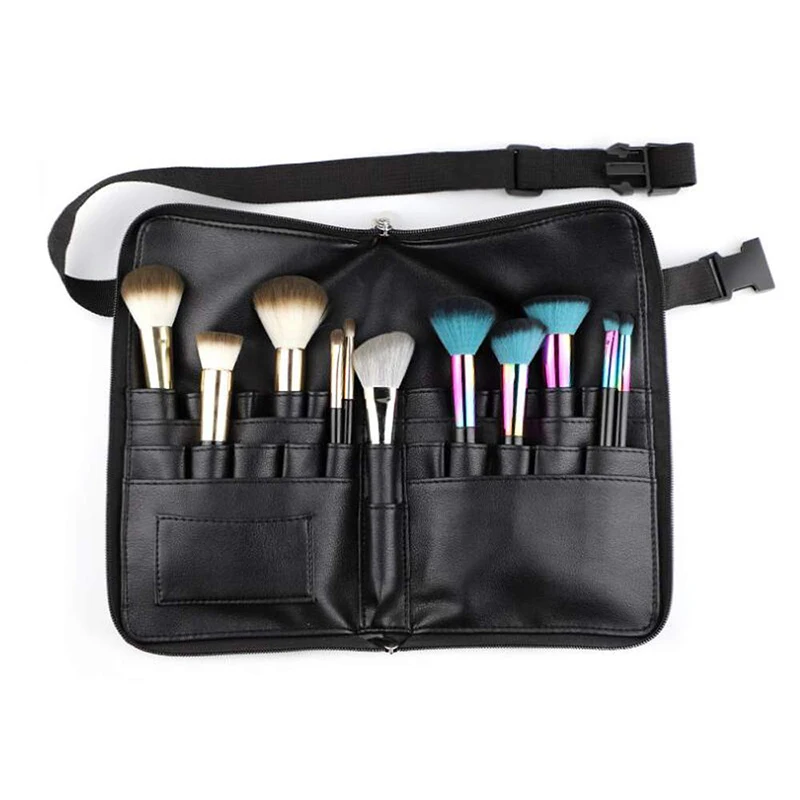 Black pu leather roll professional artist luxury organizer makeup hair brush bag holder with belt