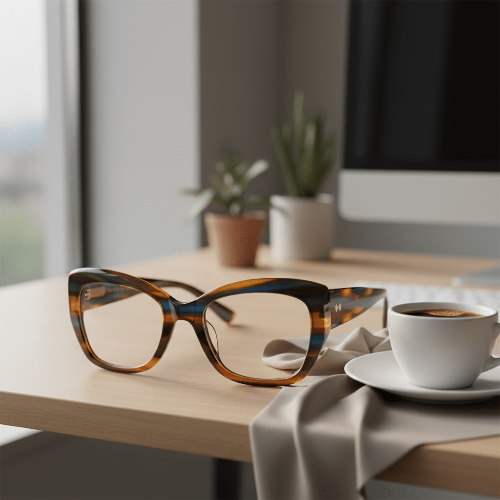 Bifocal lenses in tortoiseshell frames with amber, blue, and green swirls on silk.