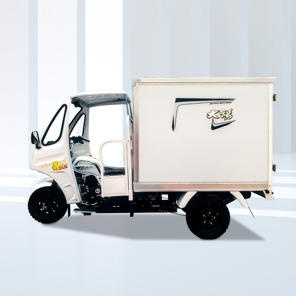 Three wheel Handlebar controlling cabin tricycle/ closed container cargo box tricycle/three wheel refrigerator cargo tricycle