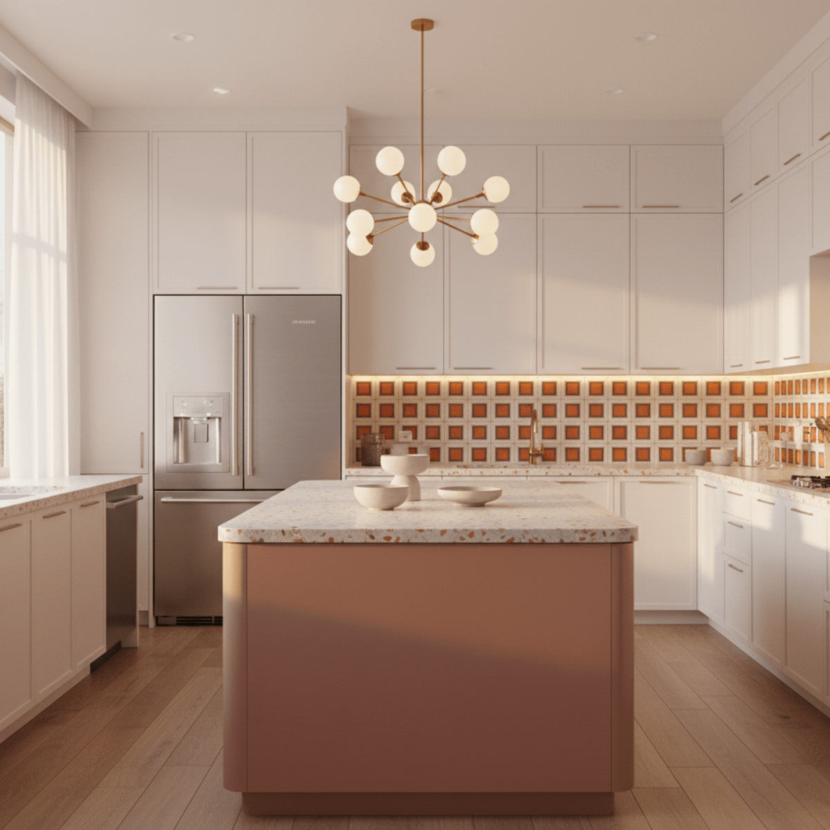 Dusty rose island in a kitchen blending retro charm with modern sophistication.
