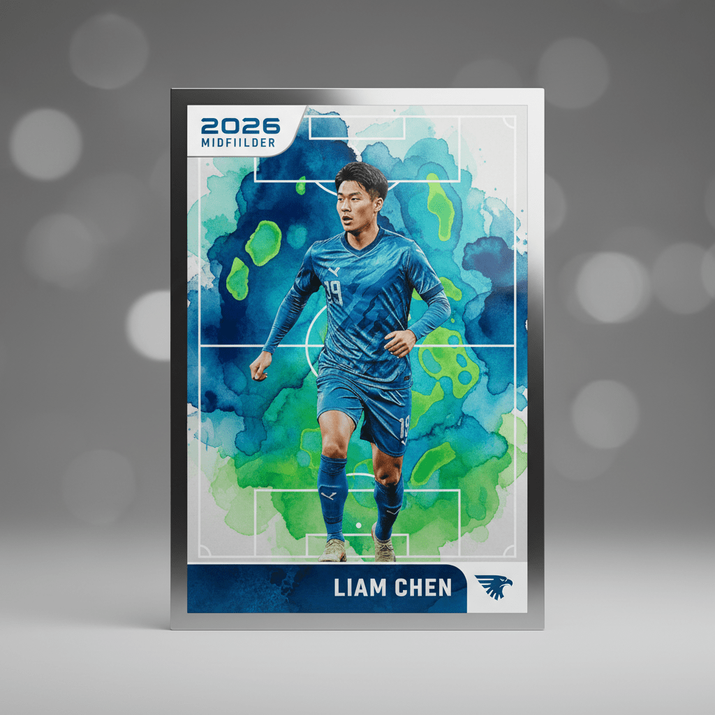 Football card with midfielder portrait and watercolor heat map showing field coverage.