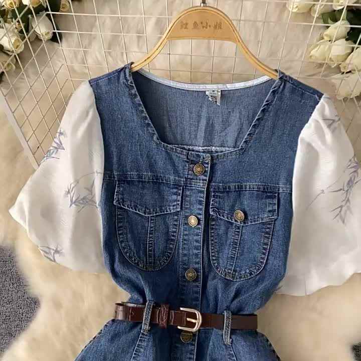 LE2646 Wholesale Ladies Boutique Dresseses Women Factory Direct Square Collar Short Sleeve Denim Splicing Denim Midi Dress Lady LE2646 Wholesale Ladies Boutique Dresseses Women Factory Direct Square Collar Short Sleeve Denim Splicing Denim Midi Dress Lady