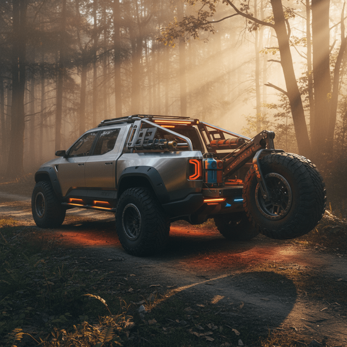 Futuristic expedition truck with mechanized tire arm in misty forest during golden hour.