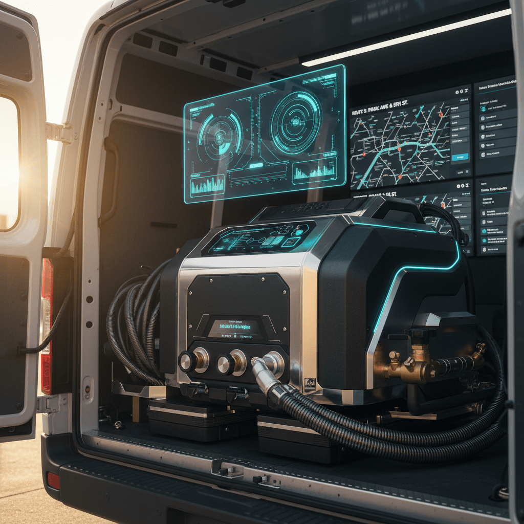 High-tech carpet cleaner mounted in a van, showing holographic alerts and performance graphs.