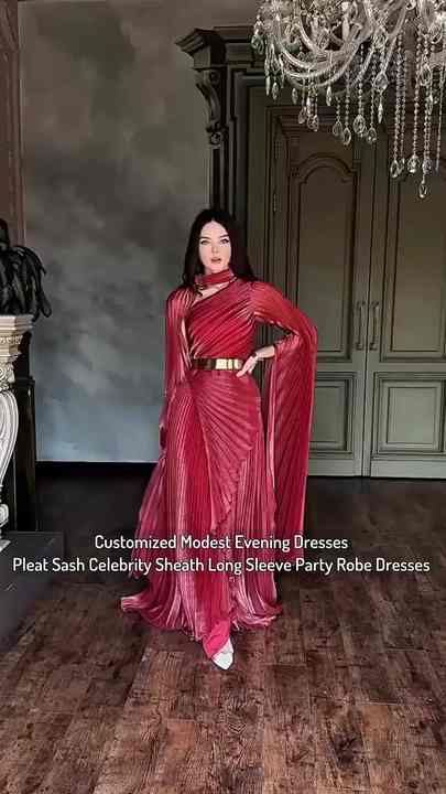 Customized Modest Evening Dresses Pleat Sash Celebrity Sheath Long Sleeve  Party Robe Dresses Muslim Conservative Dress Gowns