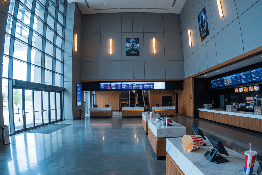 Vibrant cinema lobby symbolizing multi-channel distribution success Wide shot of a bustling cinema lobby with ticket counters and digital displays under natural light, showcasing entertainment market saturation