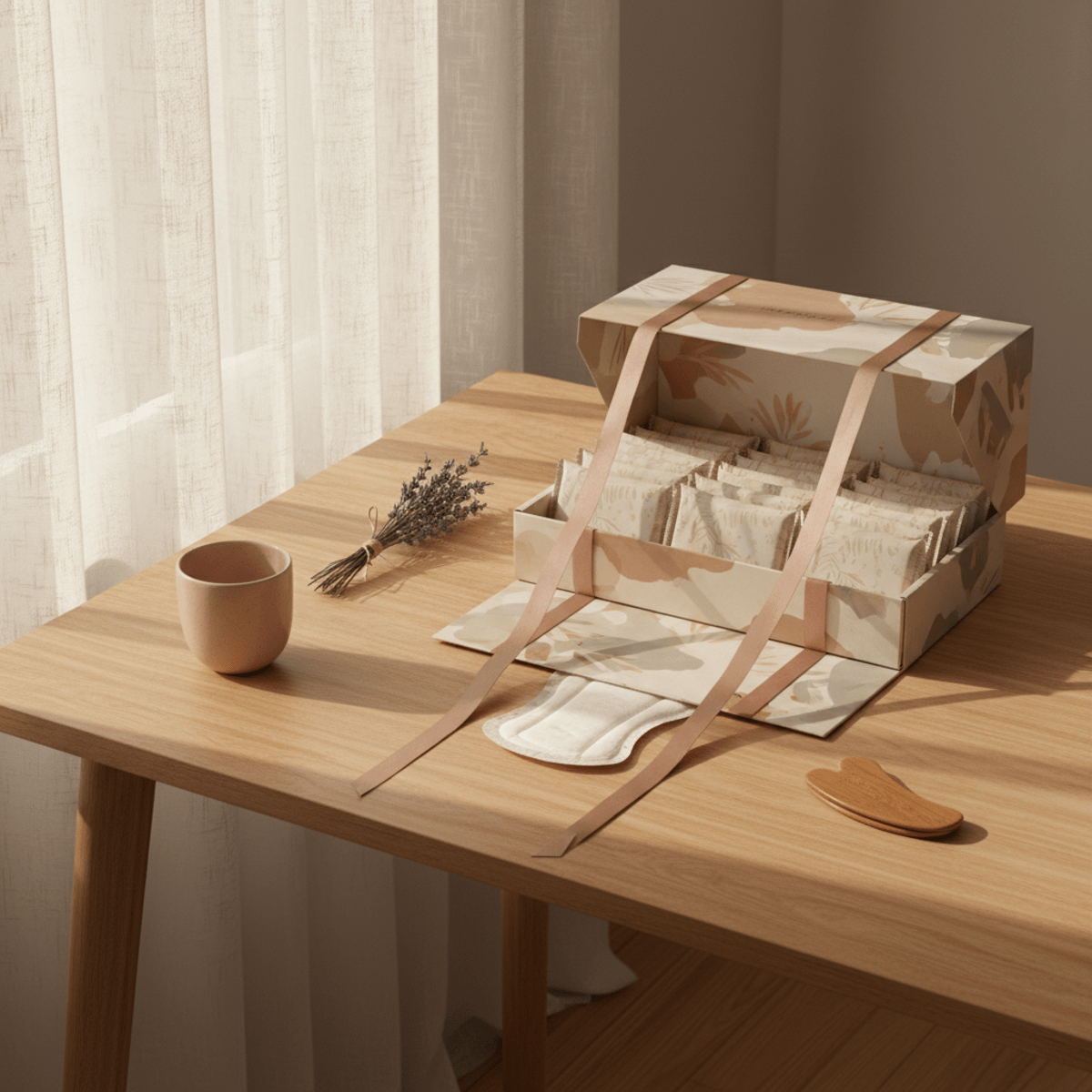 Unboxing of 2026 maternity pads with wellness accessories on a wooden table.