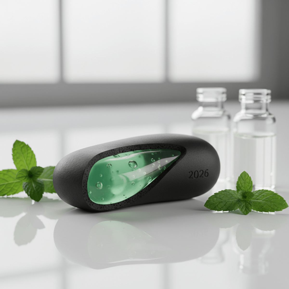 Close-up of teeth whitening gum with mint-green liquid core and fresh mint leaves.