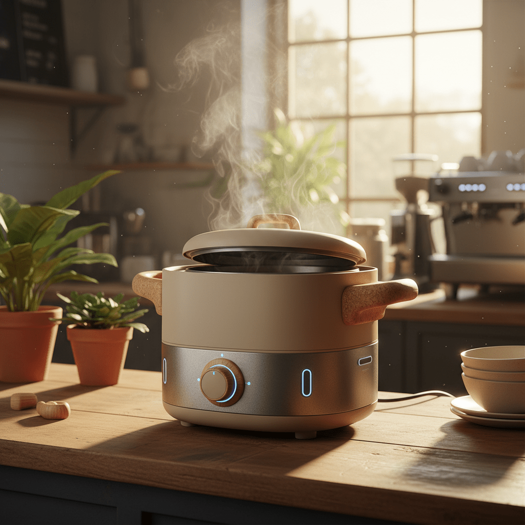 Modern sustainable soup warmer set on a rustic counter in a cozy cafe.