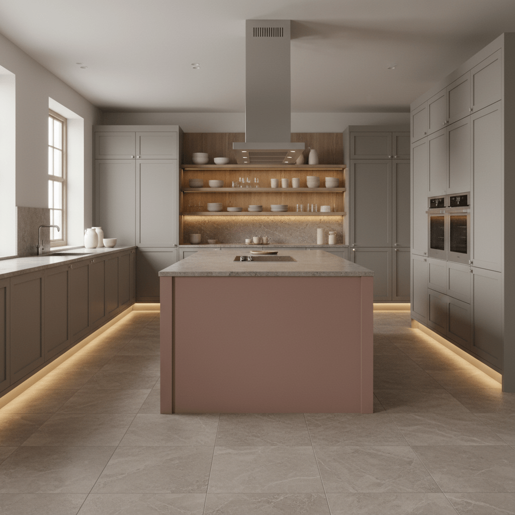 Modern kitchen with greige cabinets, dusty rose island, and stainless steel appliances.