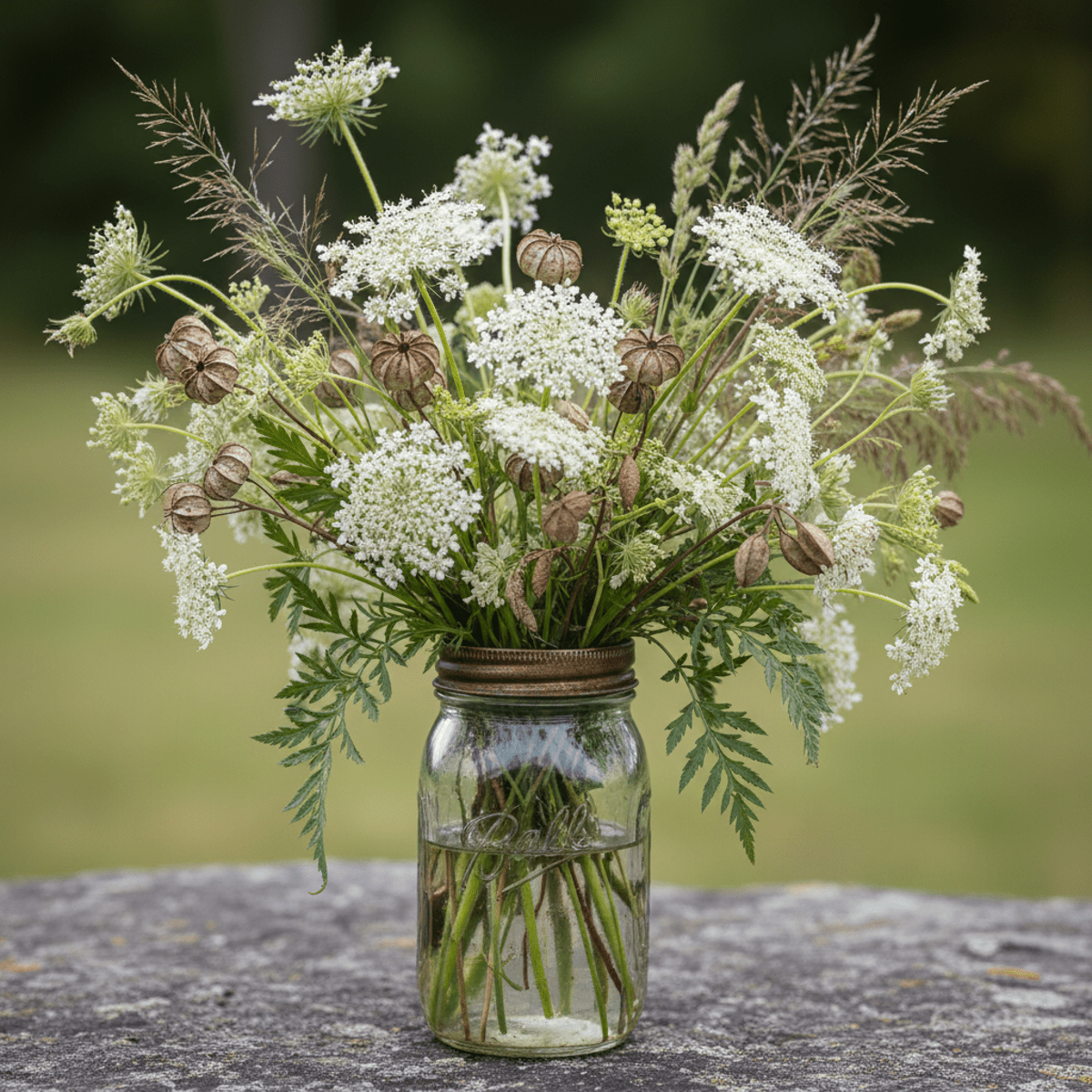 Close-up of countryside wildflowers with grasses and Queen Anne's Lace in a jar.