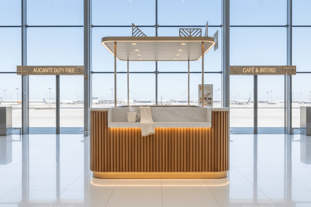 Medium shot of a minimalist hospitality kiosk with warm wood and marble elements in a bright, airy airport terminal