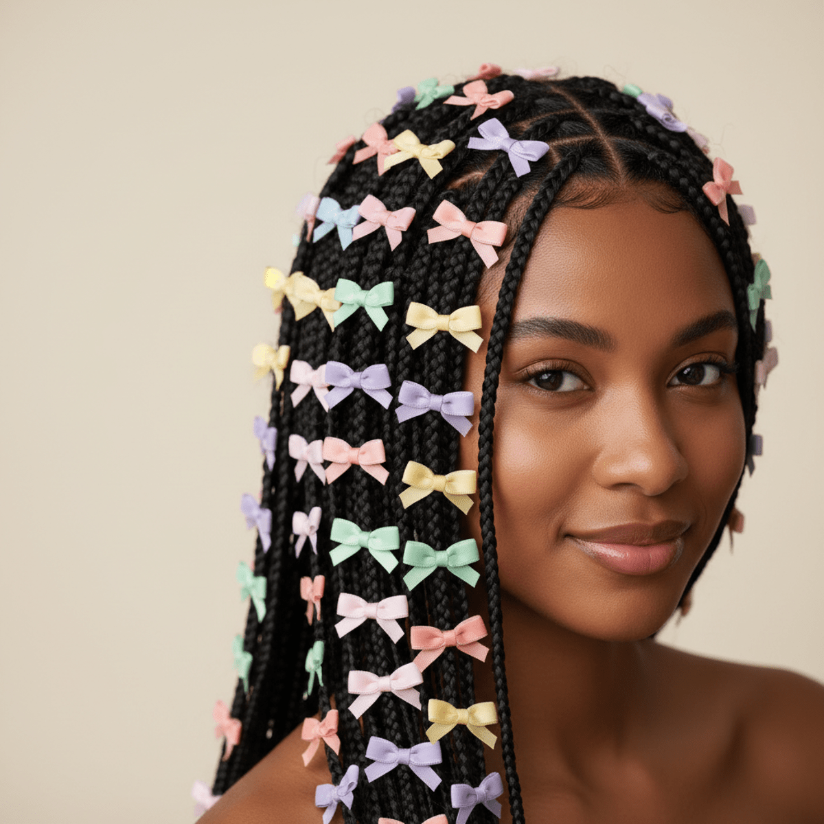 Young woman's braided hair decorated with numerous miniature pastel velvet, silk, and satin bows.