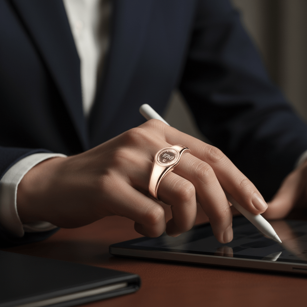 Rose gold smart ring watch with activated display on a hand.