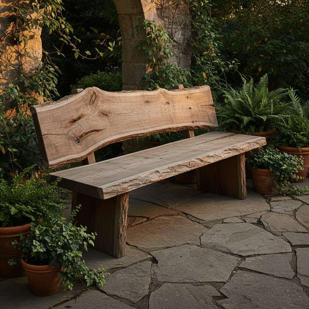Handcrafted thick-slab bench with raw edges on a flagstone patio, bathed in golden hour light.