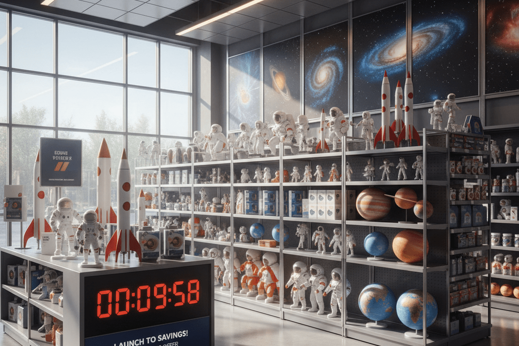 Wide-angle view of a retail store's space-themed product shelves under natural light, evoking launch milestone enthusiasm