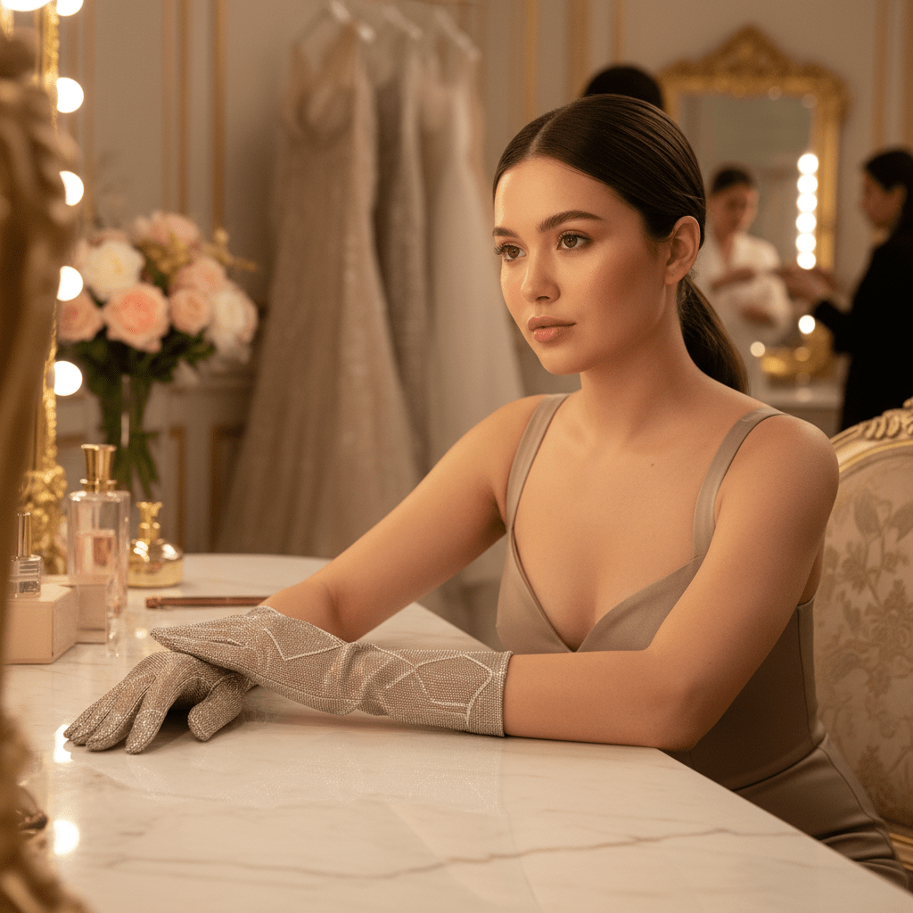 Model wearing microcurrent gloves at a vanity, hands on polished surface.