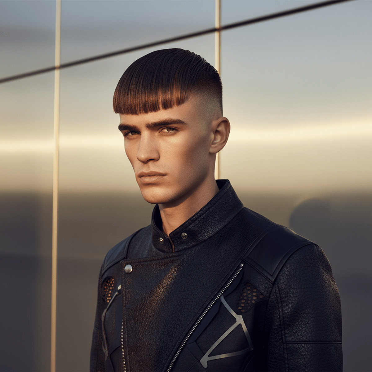 Architectural crop hairstyle with dramatic fade and matte finish. Man with architectural crop hairstyle, dramatic fade, and matte finish in golden hour light.