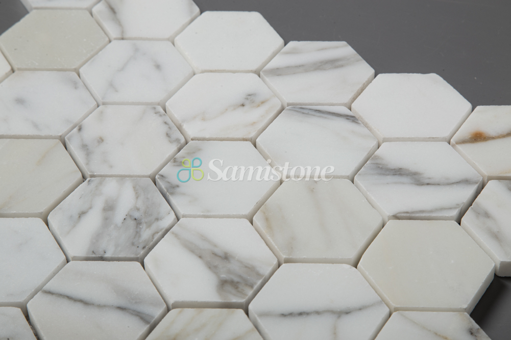2" Calacatta Gold Polished Honed White Marble Hexagon Mosaic Tile