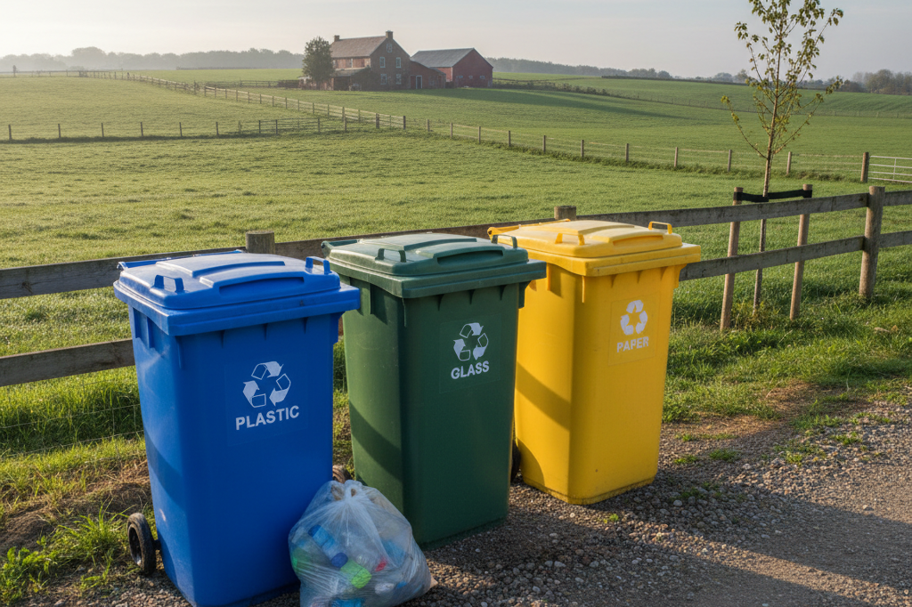 Labeled recycling bins in a rural area under natural light, reflecting sustainable waste solutions integrated into the landscape