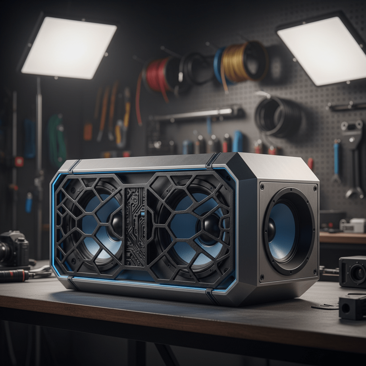 Futuristic speaker with carbon fiber grilles in a high-end audio workshop.