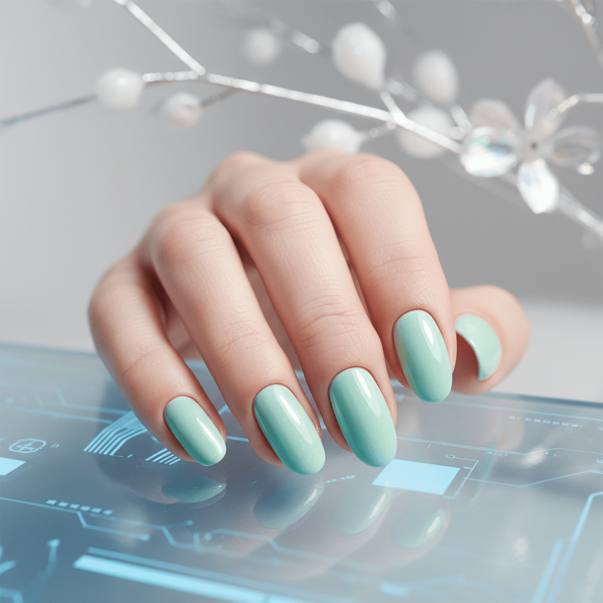 Close-up of mint green oval nails with a high-gloss finish on a digital display surface.