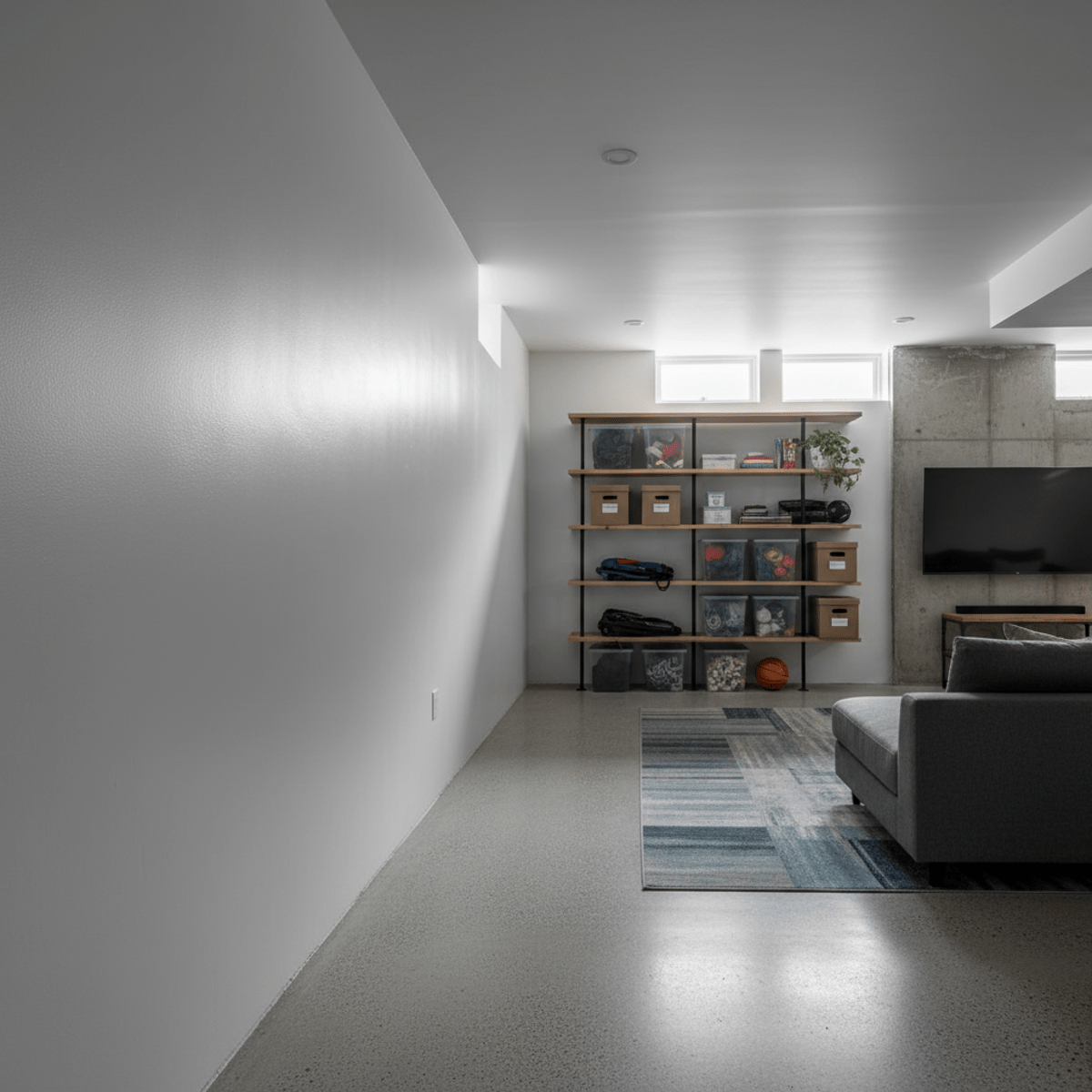 Modern basement interior with smooth, satin-sheen rubberized foundation wall coating.