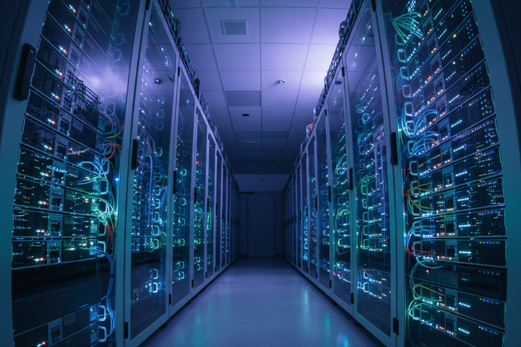 Illuminated server room managing massive online traffic Rows of blinking network switches in a softly lit server room symbolizing advanced queue management during high-demand events
