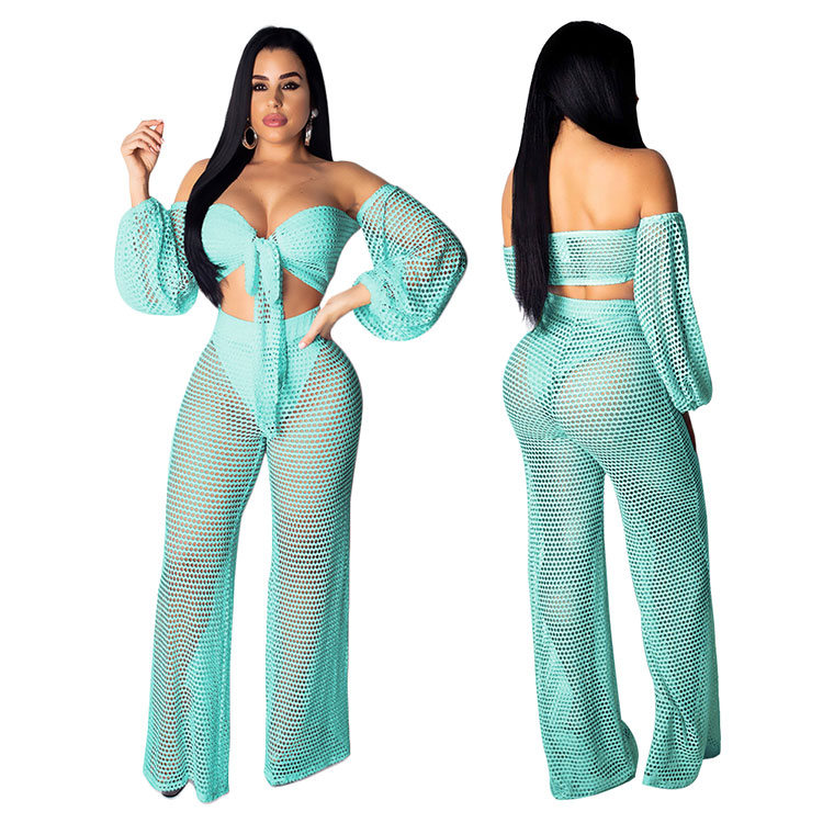 Открытая пляжная одежда без бретелек, сексуальные широкие брюки, Дамский комплект из двух предметов