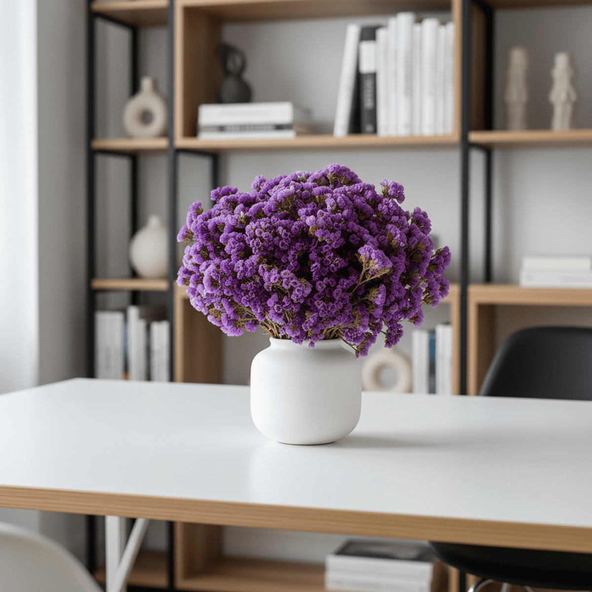 Vibrant purple dried statice flowers in a ceramic vase on a white office desk.
