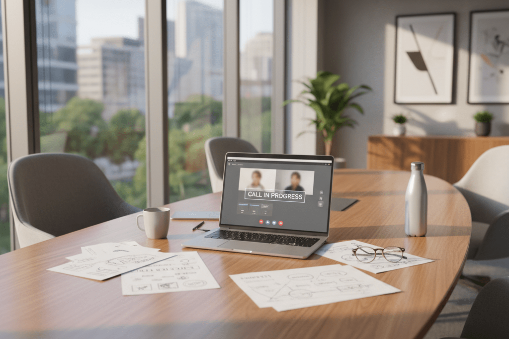 Empty chairs at a meeting table with a laptop showing a generic video call screen under soft natural lighting