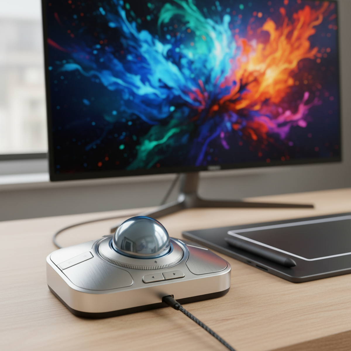 Precision trackball mouse and graphics tablet on a minimalist desk with digital art.
