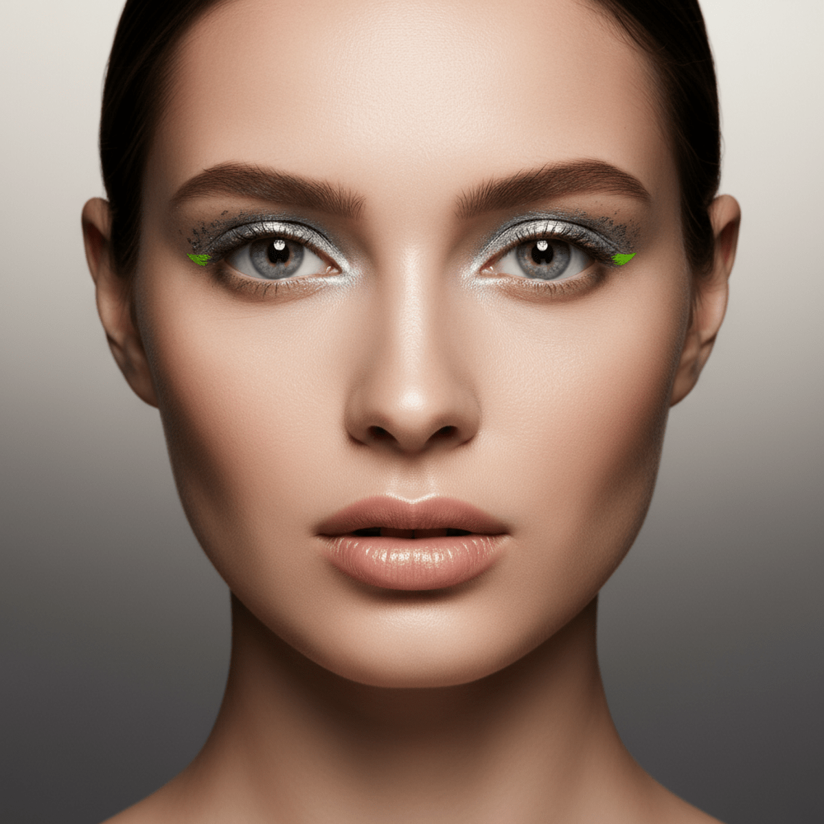 Model with matte foundation, nude lips, and a vibrant electric lime green eyeliner dot.