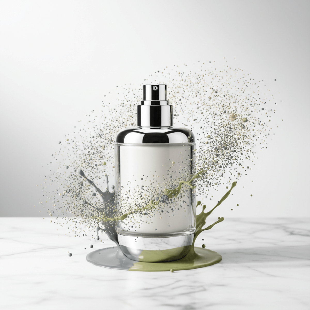 Sleek foundation bottle with neutral liquid and suspended pigment particles.