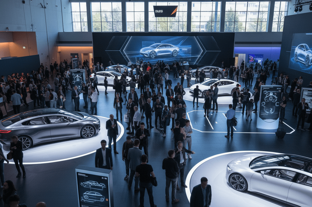 Wide view of a vibrant auto show featuring cars, digital kiosks, and attendees under natural and ambient lighting