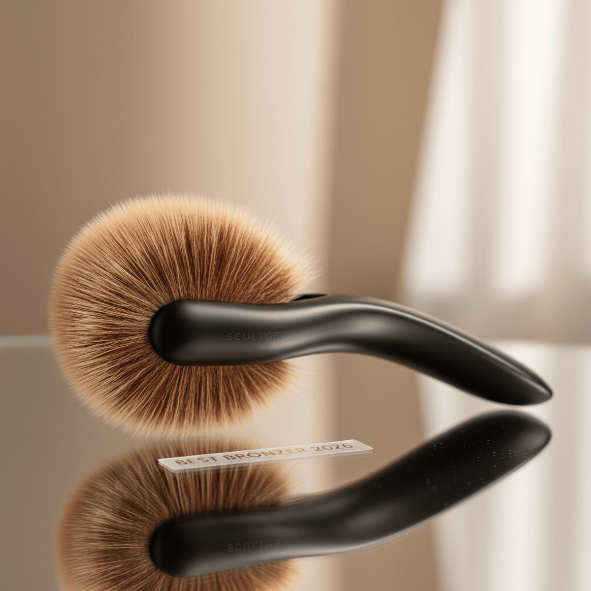 Ergonomic bronzer brush with matte black metal handle and bi-level synthetic bristles.