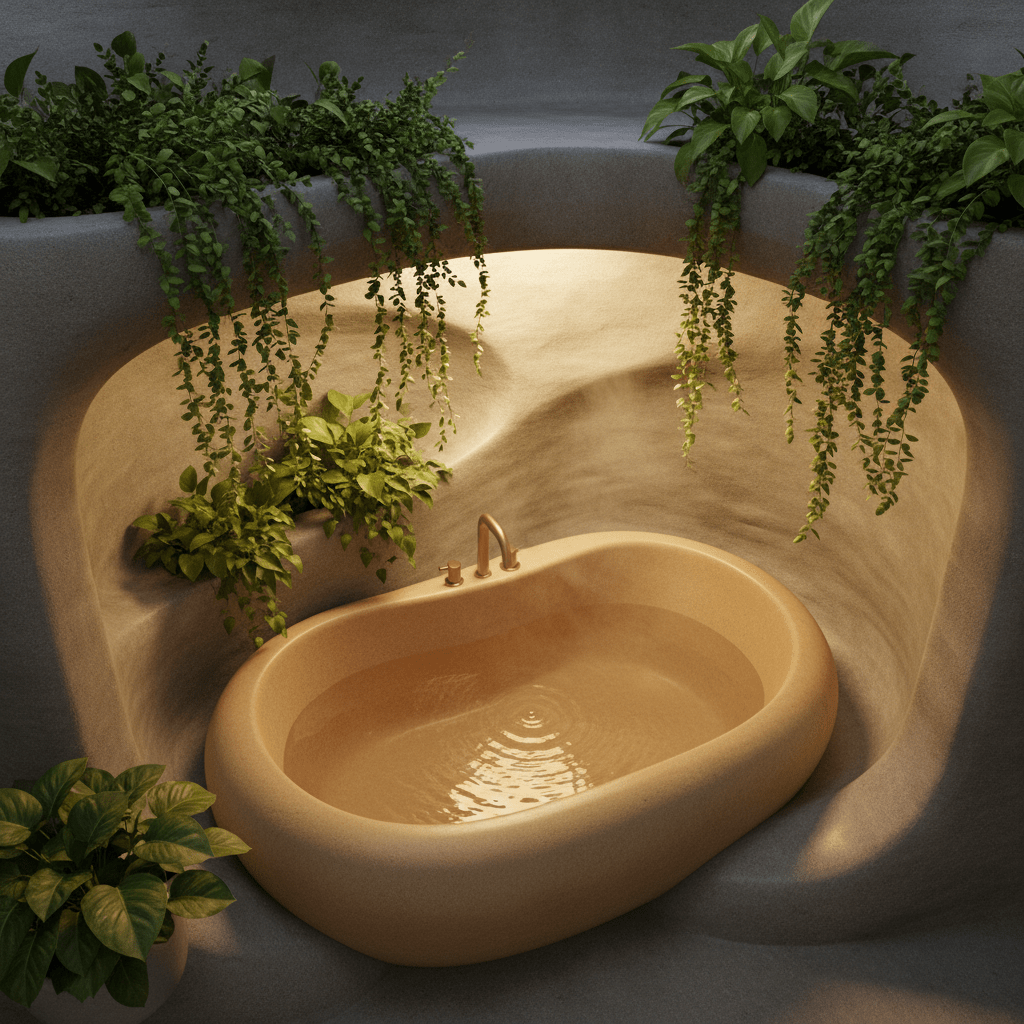 Cozy alcove with a river stone soaking tub and natural stone walls.