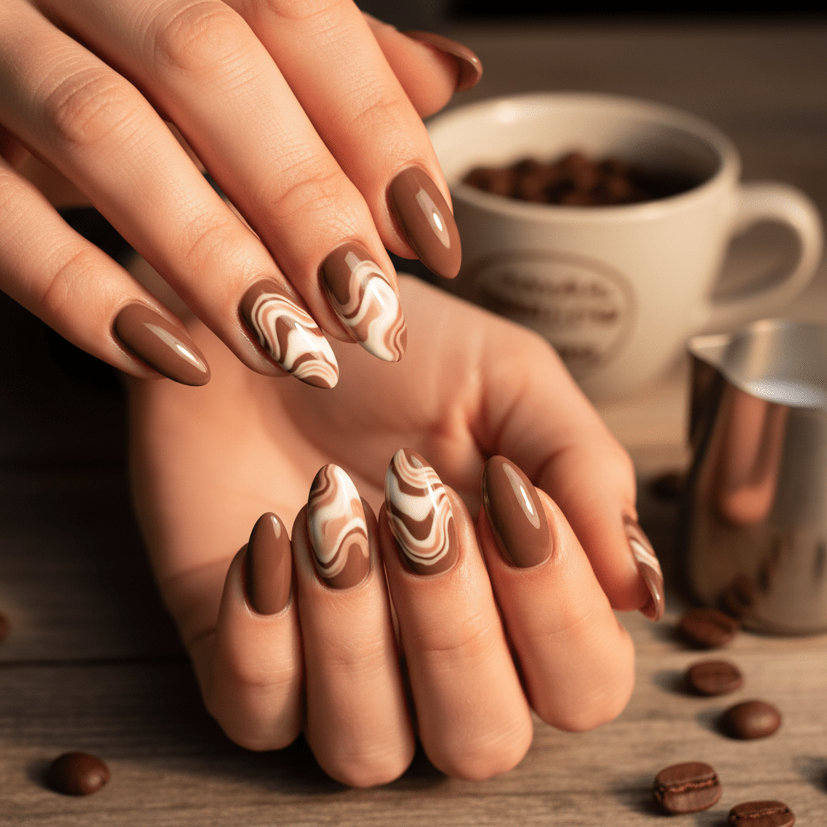 Mocha mousse nails with organic latte art swirls mimic steamed milk pouring into coffee.