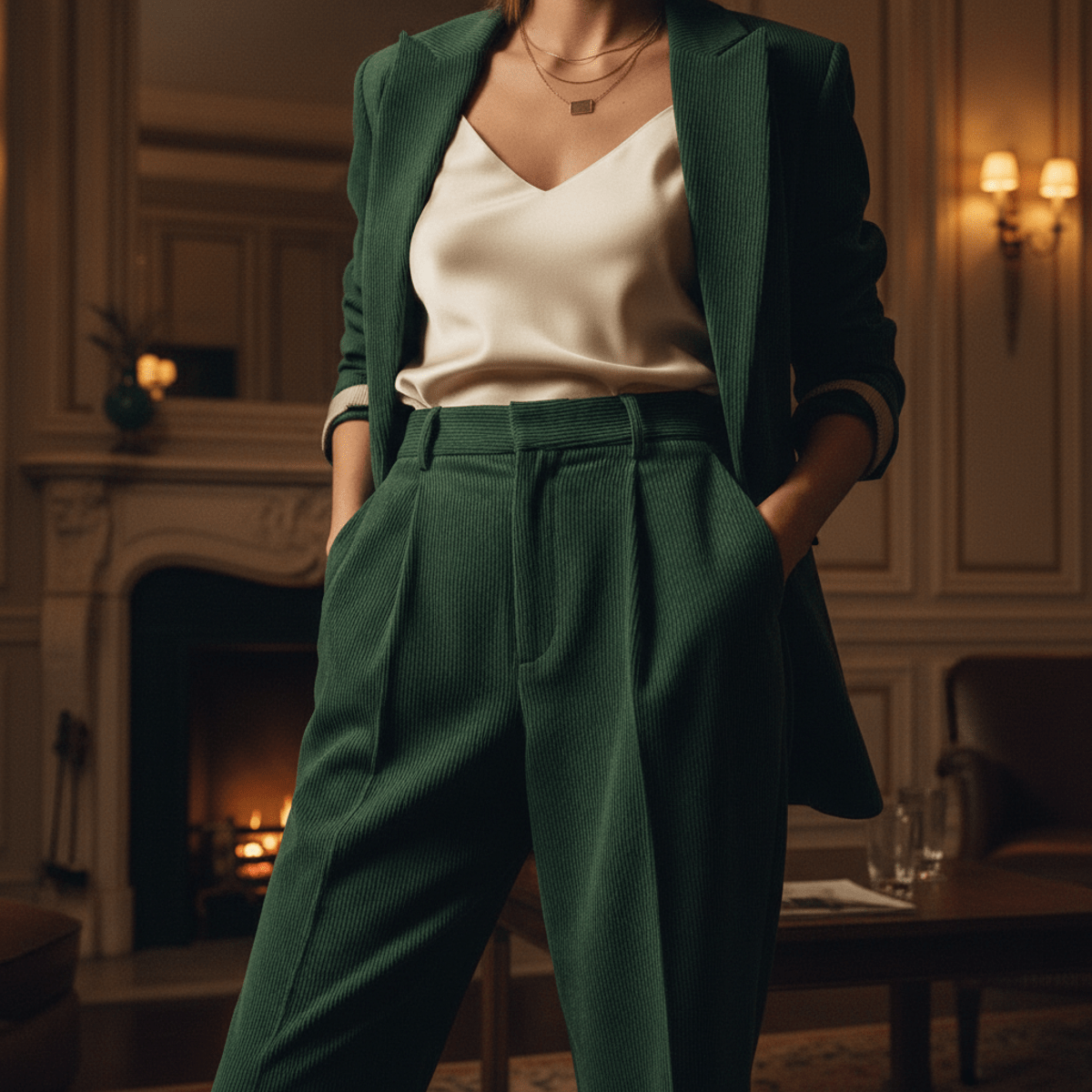 Close-up of deep forest green corduroy pants showing fine pinwale texture and double pleats.